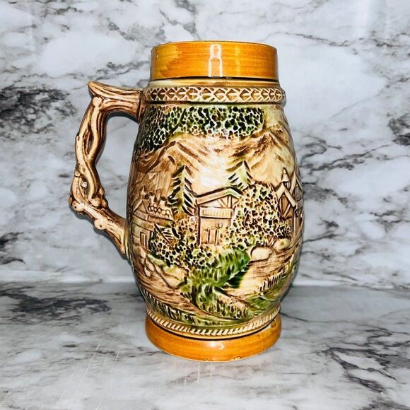 Vintage | German Style Beer Ceramic Pitcher | Tan | 8" Tall - Picture 3 of 6